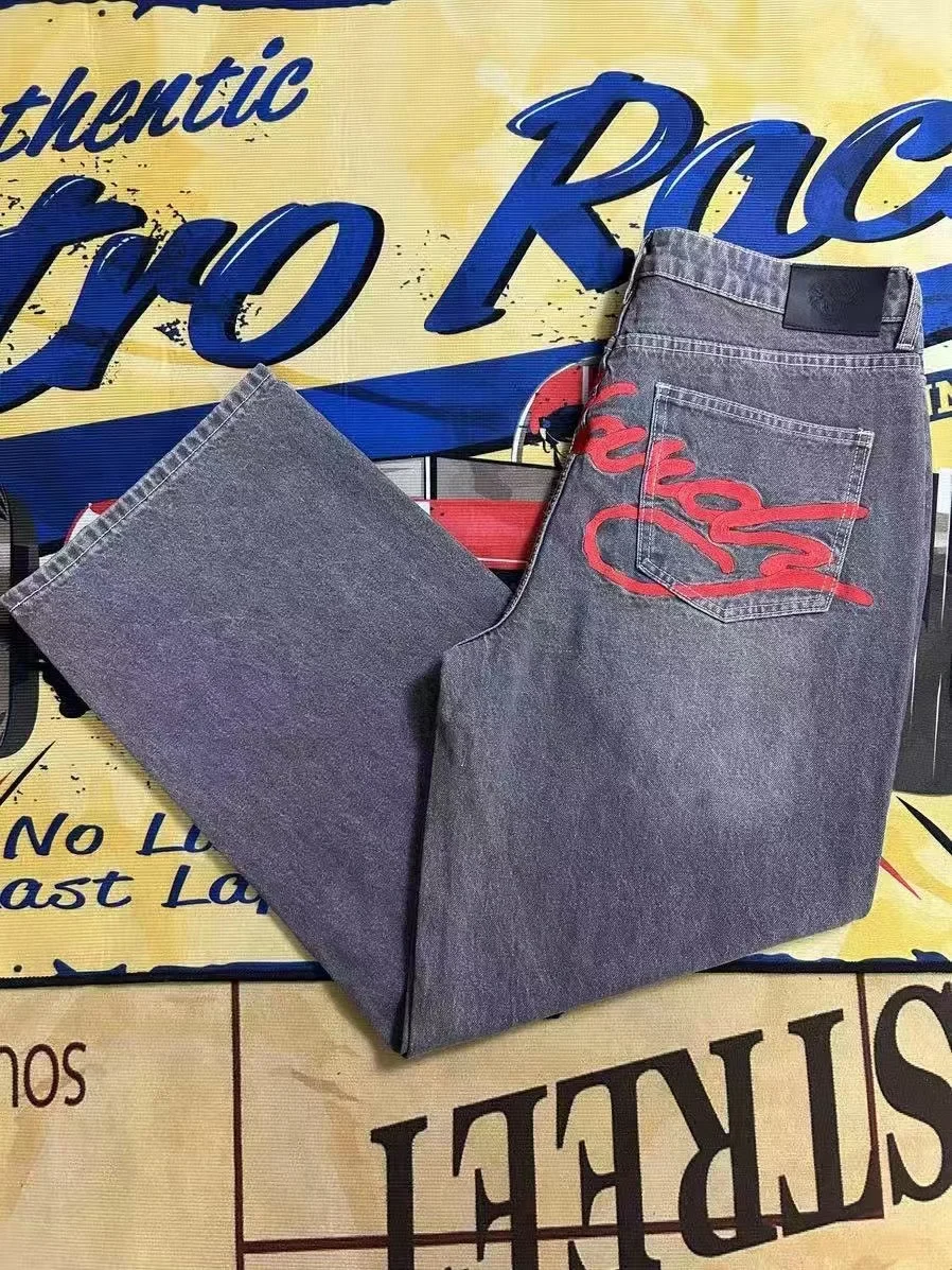 

Ретро-джинсы для скейтбординга свободного кроя с прямым силуэтом, с вышивкой красными буквами, в американском хип-хоп стиле, повседневные летние джинсы