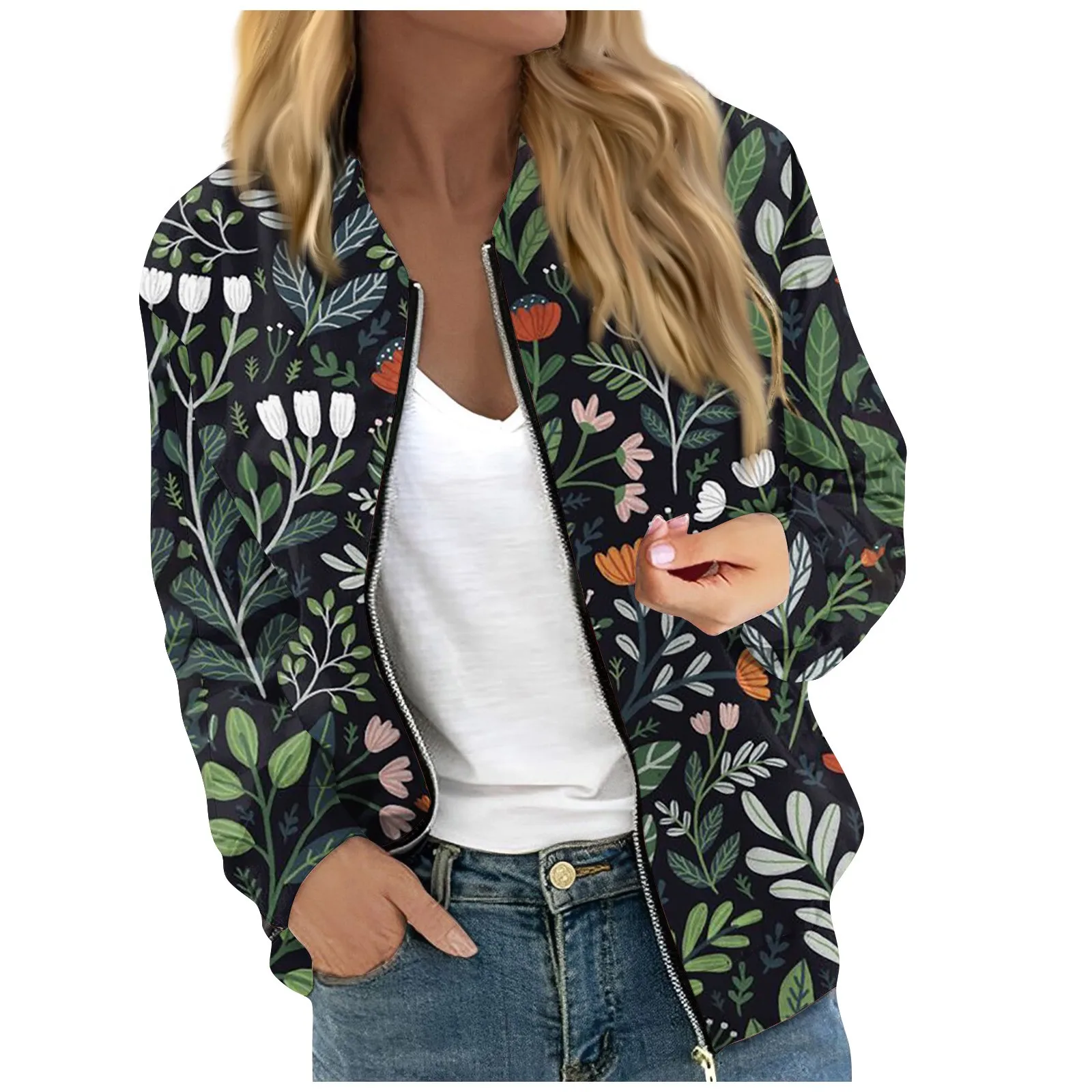 سترة سحاب بأكمام طويلة غير رسمية للنساء ، رقبة مستديرة ، مطبوع عليه زهور ، ورقة ، يومية ، متعددة الاستخدامات ، موضة ، خريف ، شتاء ، جديد ، 2023
