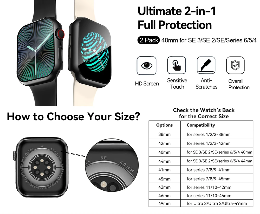 Mattes PC-Uhrengehäuse + gehärtetes Glas für Apple Watch 40/41/42/44/45/46 mm Serie 11 10 987 6SE 54, vollständige Abdeckung, stoßfest, kratzfest – Detail 3