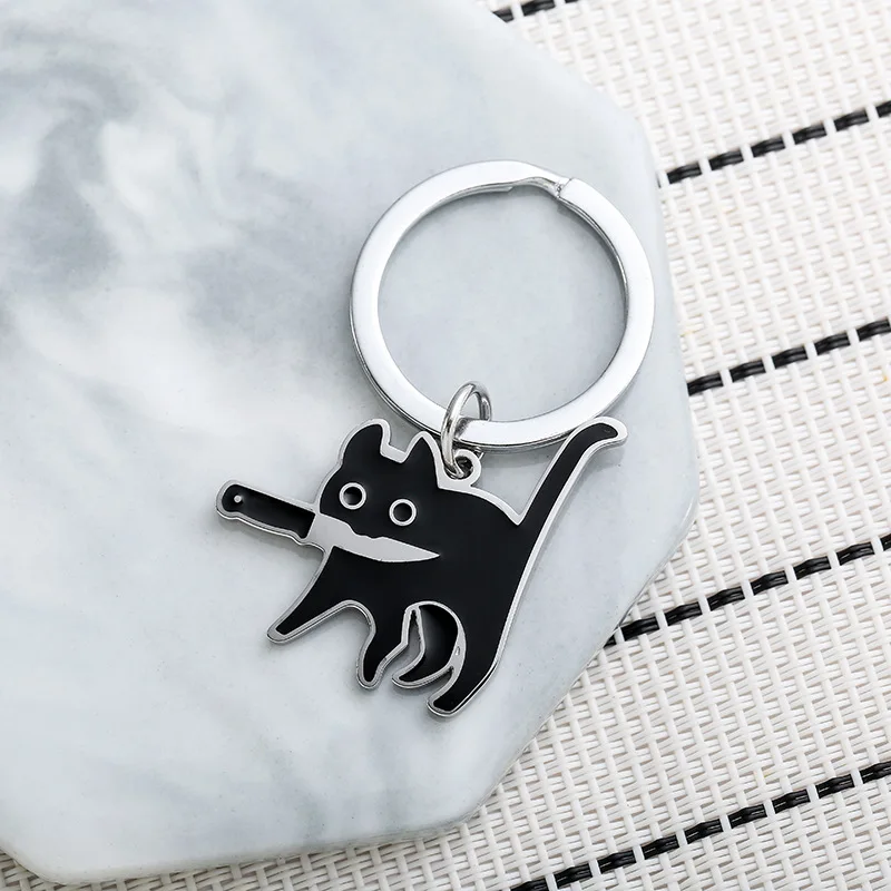 New Cute Cat Keychain Titanium Steel Kpop Funny Black Lighting Cat Key Pendant Backpack Car Key Ring Jewelry Decoration