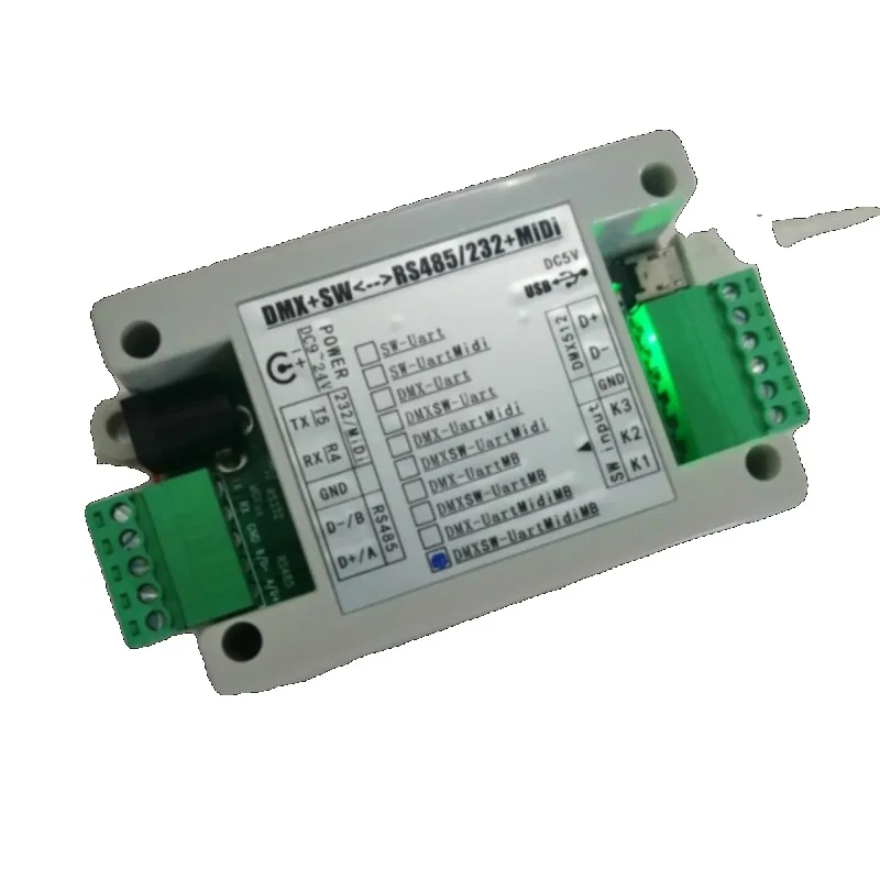 For central control RS485/232 to DMX512 + MIDI + Modbus switch DMX to RS485 custom command