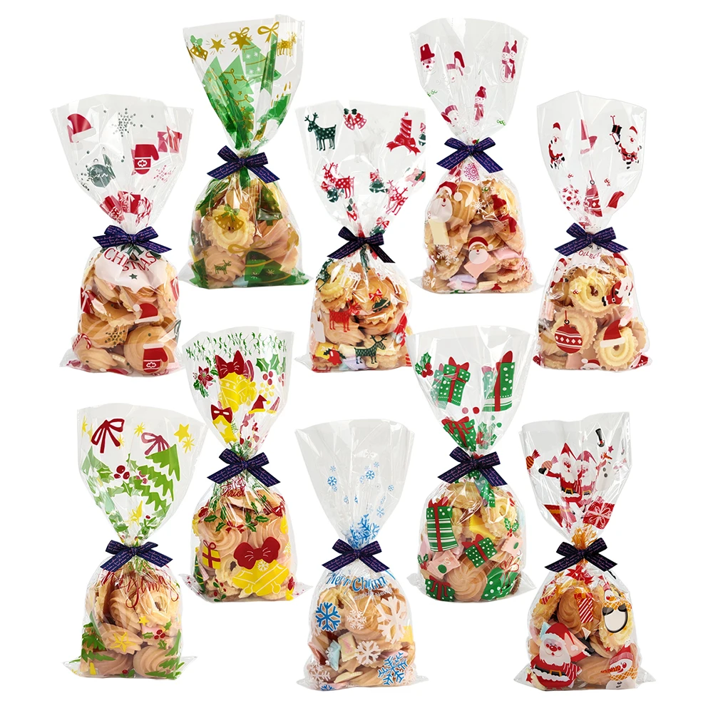 50 Stück Weihnachtsgeschenktüten, transparente Plastiktüten für Geschenke, Süßigkeiten, Kekse, Weihnachten, Zuhause, Geschäft, Verkauf, Geschenk, Kekse, Verpackungsbeutel