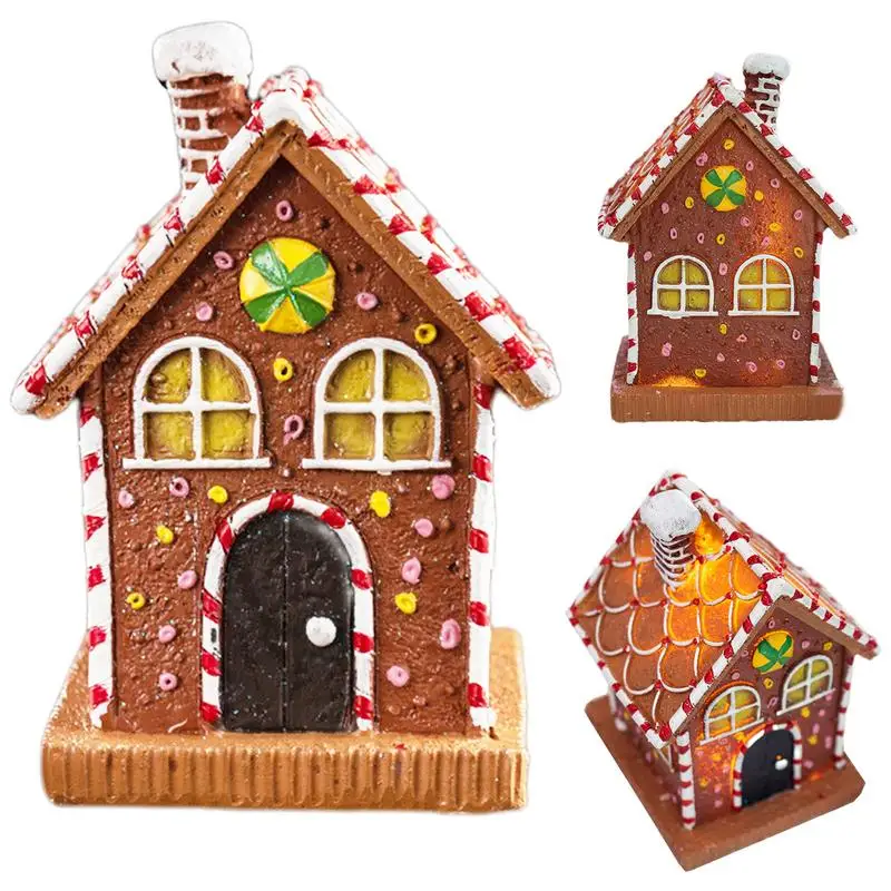 Gingerbread House Decor Cute LED Gingerbread House Resin Statue Collectible Christmas Village Cottage Statue For Tabletop Shelf