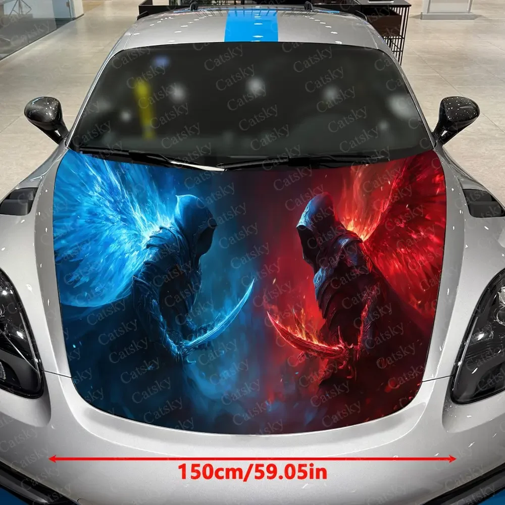 Cold Flame and Blazing Armor Knight Car Vinyl Wrap, PVC Material Waterproof Car Hood Sticker, Self-Adhesive Scratch-Resistant St