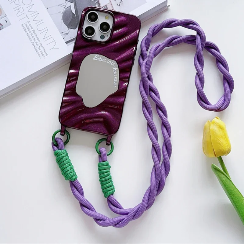 Mirror 3D Wave Crossbody Lanyard Case For iphone 16 15 14 11 12 13 Pro Max X XS XR SE 2 3 8 7 6S 6 Plus Silicone Soft Cover