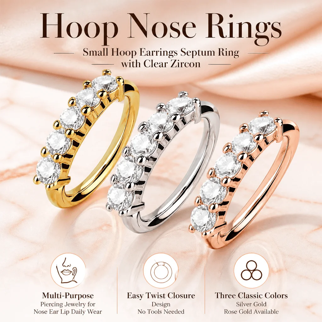 Nose Ring Hoop Septum Ring Rook Piercing Jewelry Small Hoop Earrings Stainless Steel Crystal Rose Gold Multi-Purpose Body