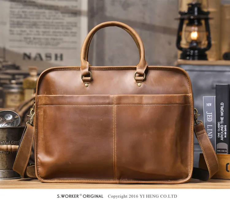 vintage crazy horse cowhide men's briefcase organizer designer handmade work genuine leather large-capacity laptop handbag