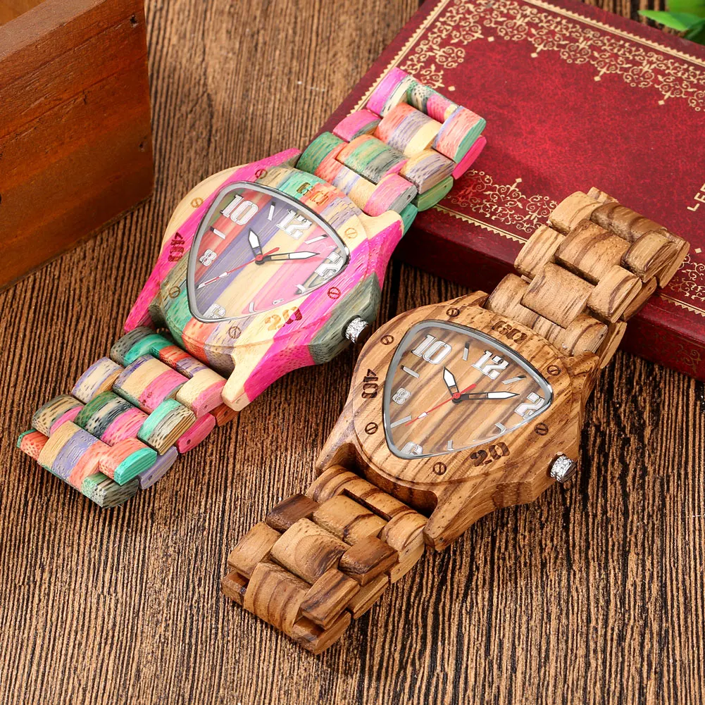 Unique Triagngle Arabic Numerals Dial Wooden Watch Quartz Wristwatch Men Full Wood Bracelet Watch Band Folding Clasp Man Clock