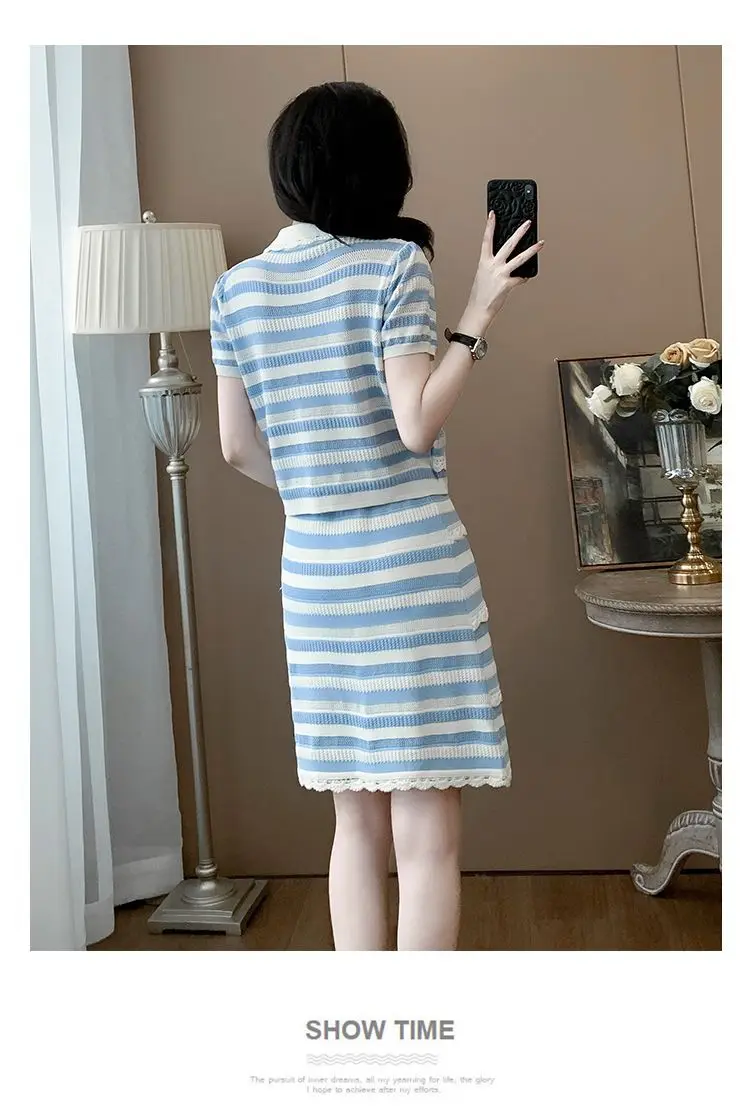 Knitted Suit Skirt for Women Summer New Style Sweet Doll Collar Blue and White Striped Skirt Two-piece Set