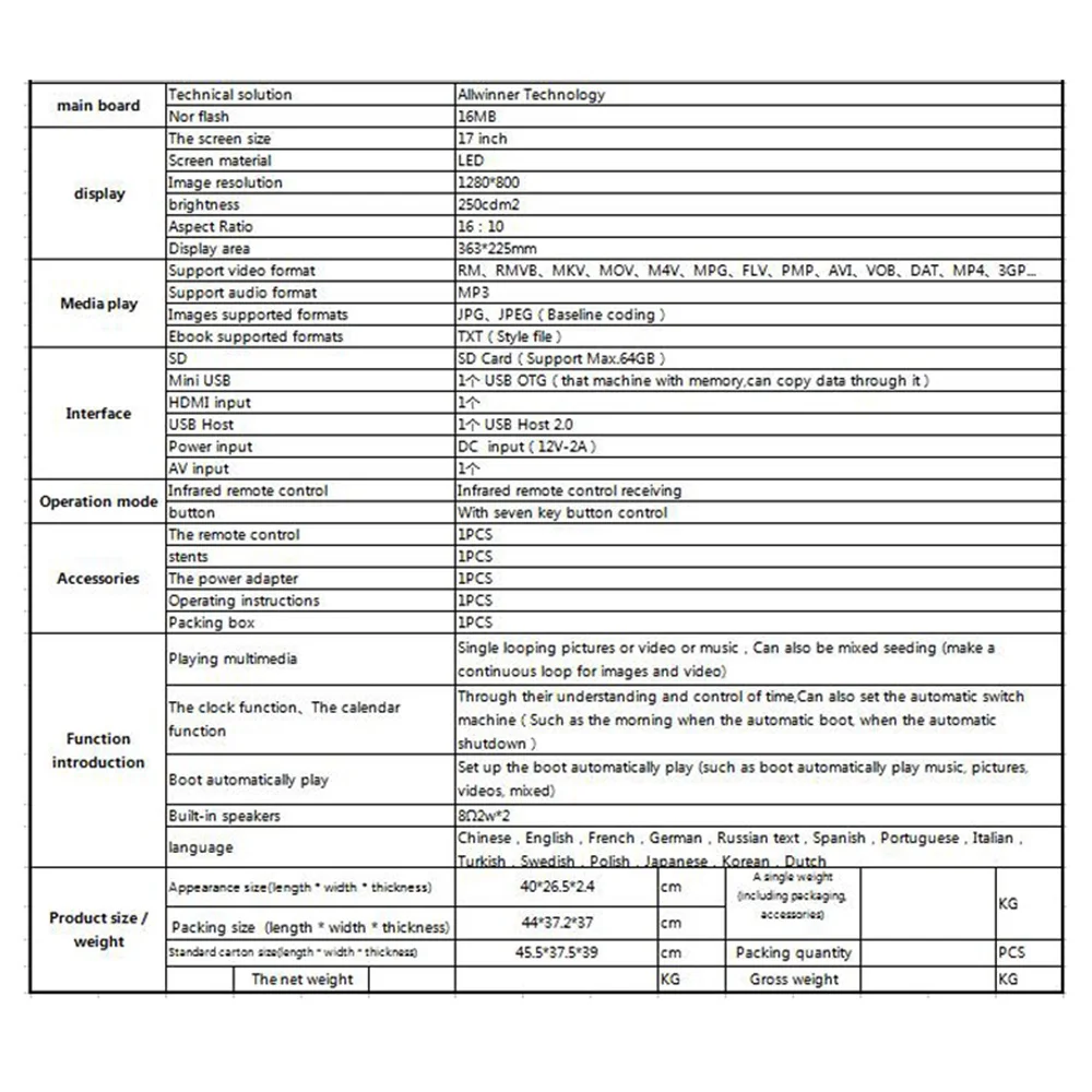 جديد 17 بوصة TFT-LCD HD إطار الصورة الرقمية القرار 1440x900 250Cdm2 عرض الشرائح على مدار الساعة عن بعد مشغل أفلام سطح المكتب (قابس الولايات المتحدة)