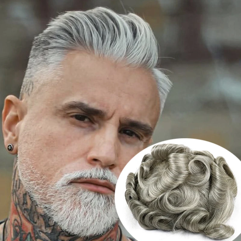 BEST #1B80 Gery Human Hair Men Toupees Platinum Blonde Europen Full PU Pieces Super Durable Thin Skin System V Loop Microskin