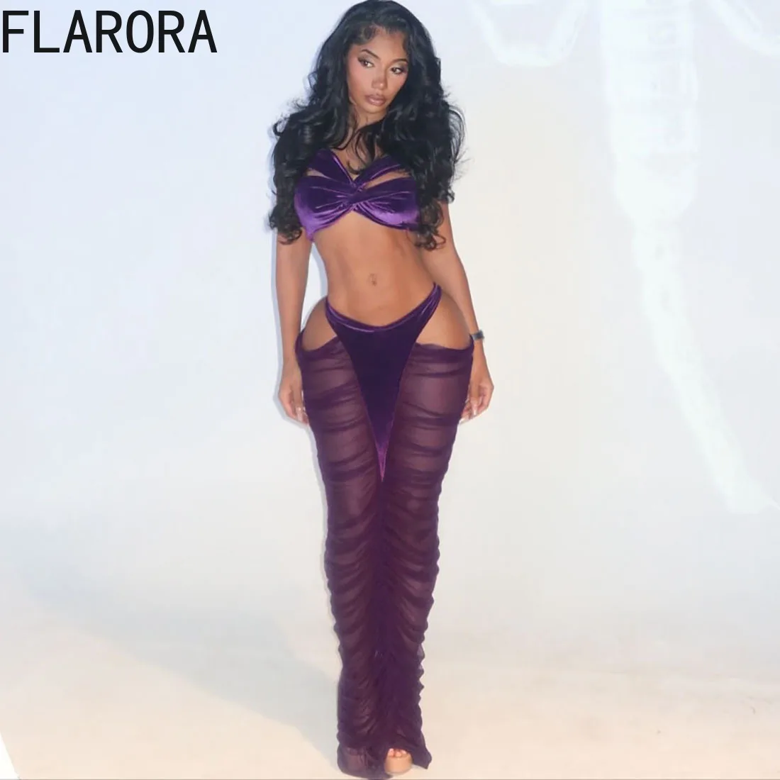 

FLARORA Sexy Coquette Two Piece Sets Woman Velvet Cross Tank Tops And Ruched Patchwork Skirts Elegant Party Clubwear Outfits