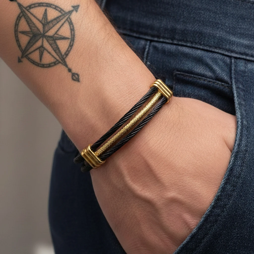Chic Golden Silvery Stainless Steel Cuff Bracelet Multi Strand Cable Design for Men & Women Modern Stackable Bangle Jewelry