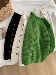 Gold Button Pit Stripe Knit Cardigan Round Neck Women Autumn Winter Basic Warm Sweater