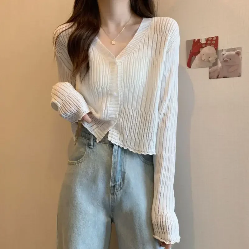 

Knitted Cardigan Women Summer Thin Short Shawl with Smock Sun Protection Coat Vest Top E3290