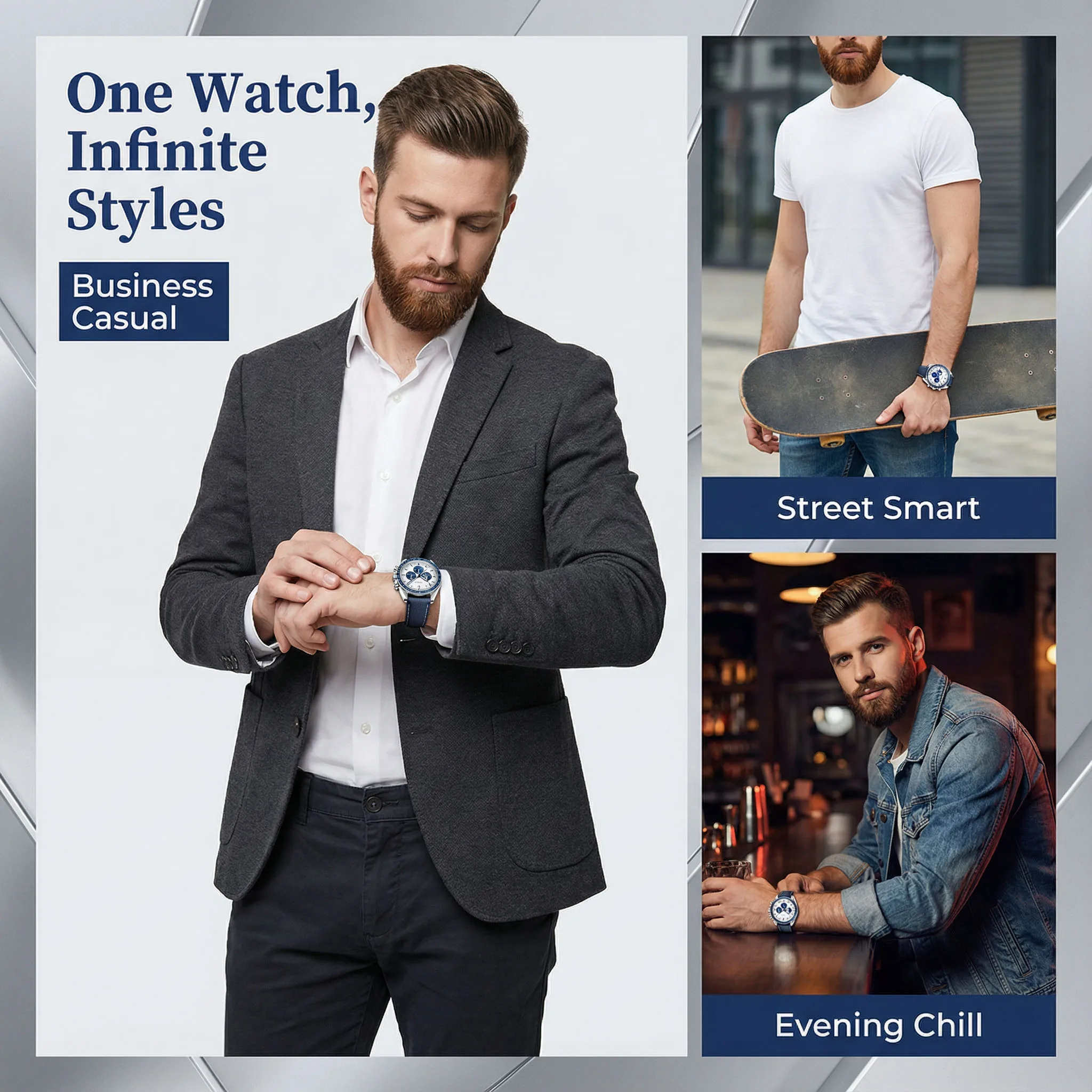 OMAYS Classic Blue Accent Watch, Chronograph Subdials & Tachymeter Scale, Timeless Design for All Occasions