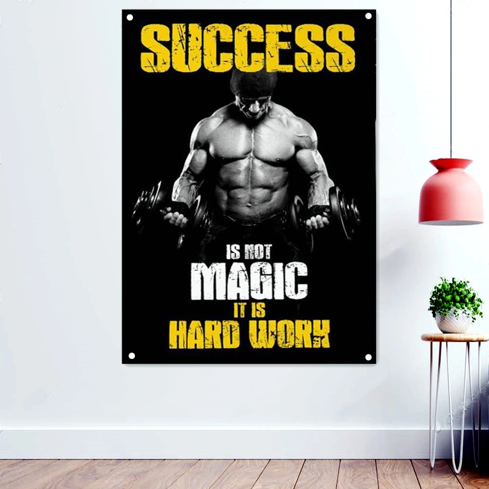 

"SUCCESS IS NOT MAGIC IT IS HARD WORK" Motivational Poster Wallpaper Hanging Paintings Fitness Workout Flag Banner Gym Decor