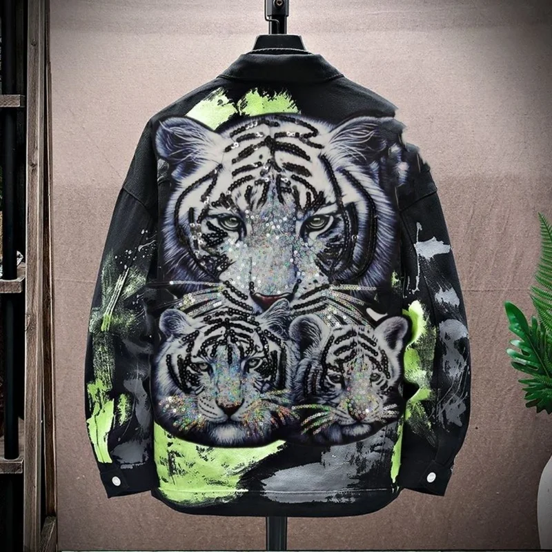 Punk Fashion Tiger Head Embroidered Denim Jacket Men 2023 Spring New High Street Black Coats Sequin Slim Fit Jean Jackets Men