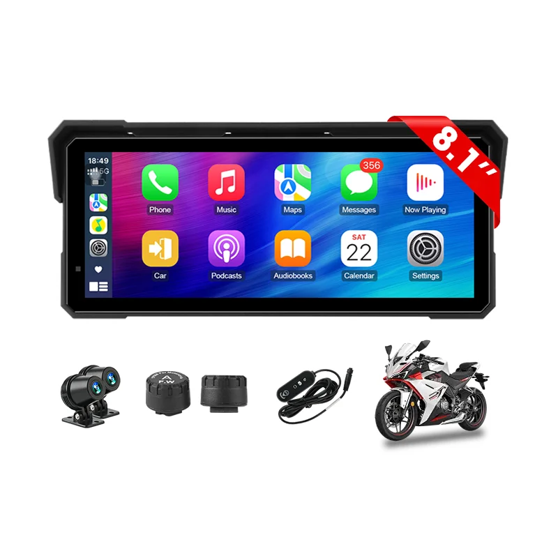 8,1 inch motorfiets waterdichte draadloze Carplay Android Auto 4K 1080P dubbele camera draagbare navigatie GPS-scherm Dual BT - afbeelding 2