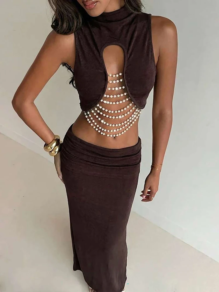 

Sisterlinda Chic 2 Piece Set Women Sexy Bead Patchwork Turtleneck Tank Top+Ruched Mesh Hem Skirts Elegant Banquet Party Clubwear