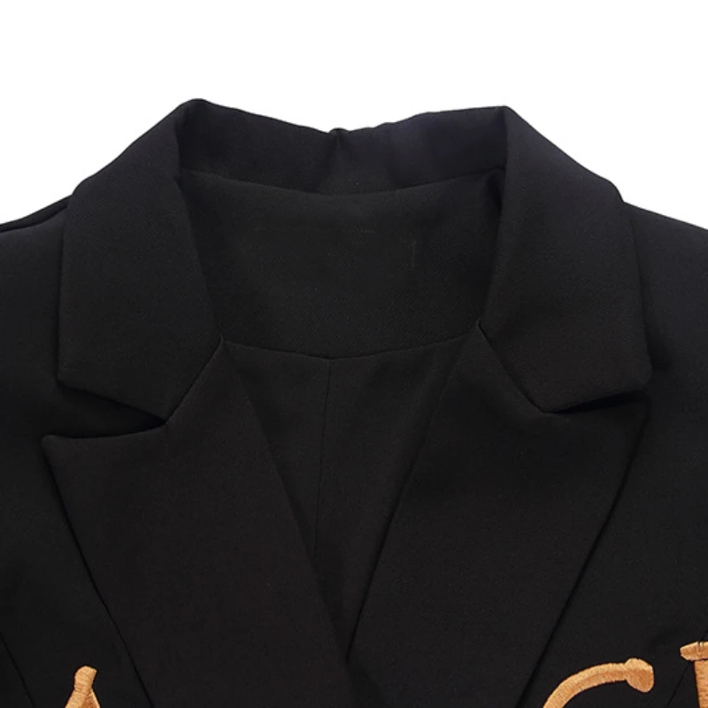 2024 Gold Cord Embroidery Black Blazers Women Jacket  Autumn Vintage Double Breasted Blazer V Neck Slim Clothing England Suits