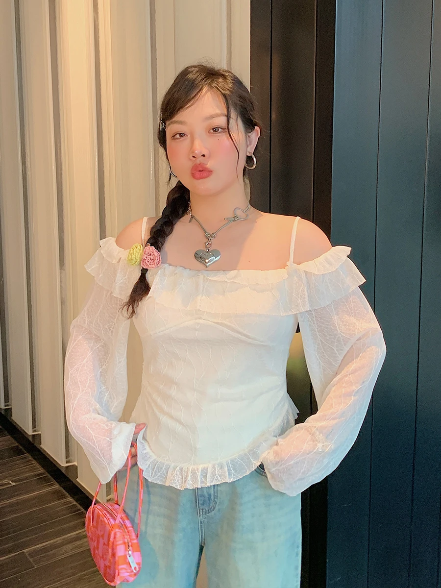 

Breathable Lace irt Women's One-oulder Svel Korean Sle Floral Commute Sle White Top Early Autumn New Arrival