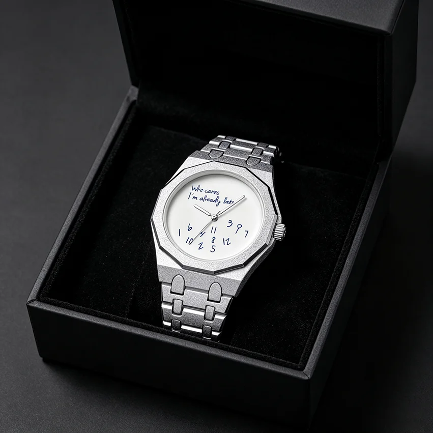 Men Frosted Silver Quartz Watch Funny Slogan 