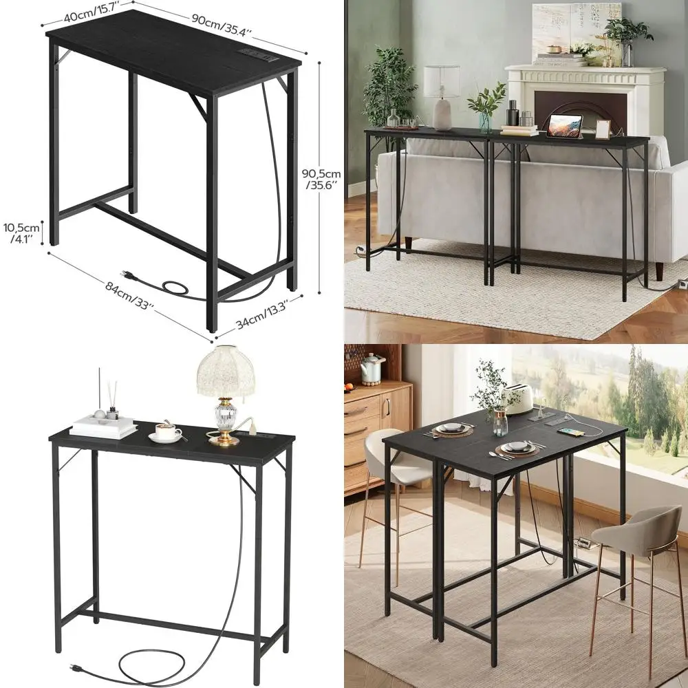 

Black Charging Station Bar Table, Regular Pub Height, High Top Coffee Table, Counter Height, Narrow Long Dining Table, 35.4 x 15