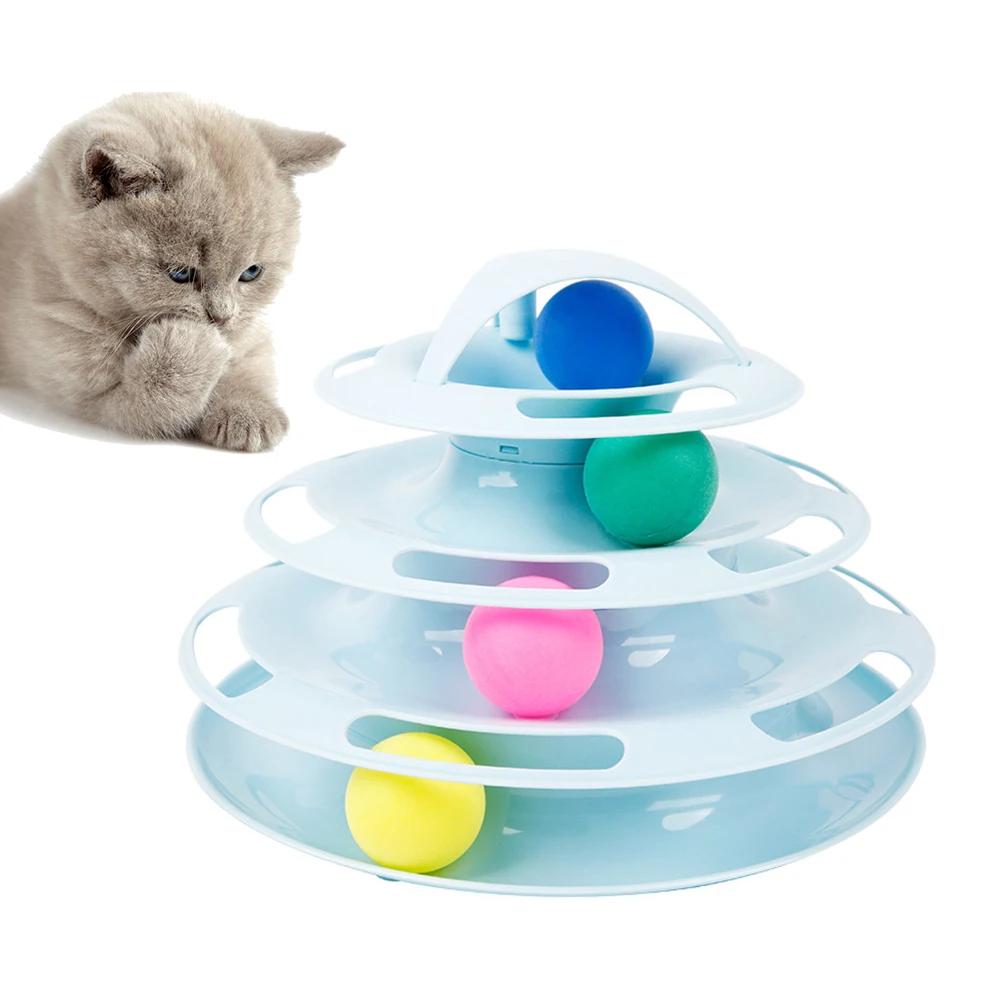 

1pc Rotating Ball Cat Turntable Tower Toys Scroll Wheel Pet Blue Track Ball Toy Durable Fun Rattling Sound Colorful Balls Four