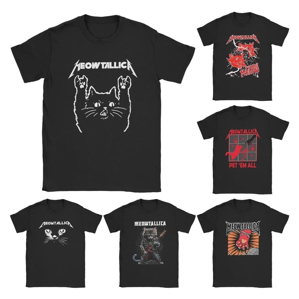 

Альбом Cat Meowtallica Japan Band Мужская футболка Рок-музыка Забавные винтажные футболки с короткими рукавами и круглым воротником Футболки из хлопка Лето