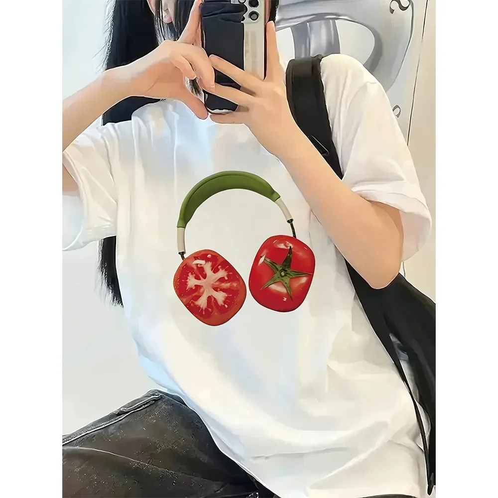 Summer New Tomato Headphones Graphic Printed T-Shirt Crew Neck Short Sleeve Relaxed Styles Comfortable Women Pullover Tops