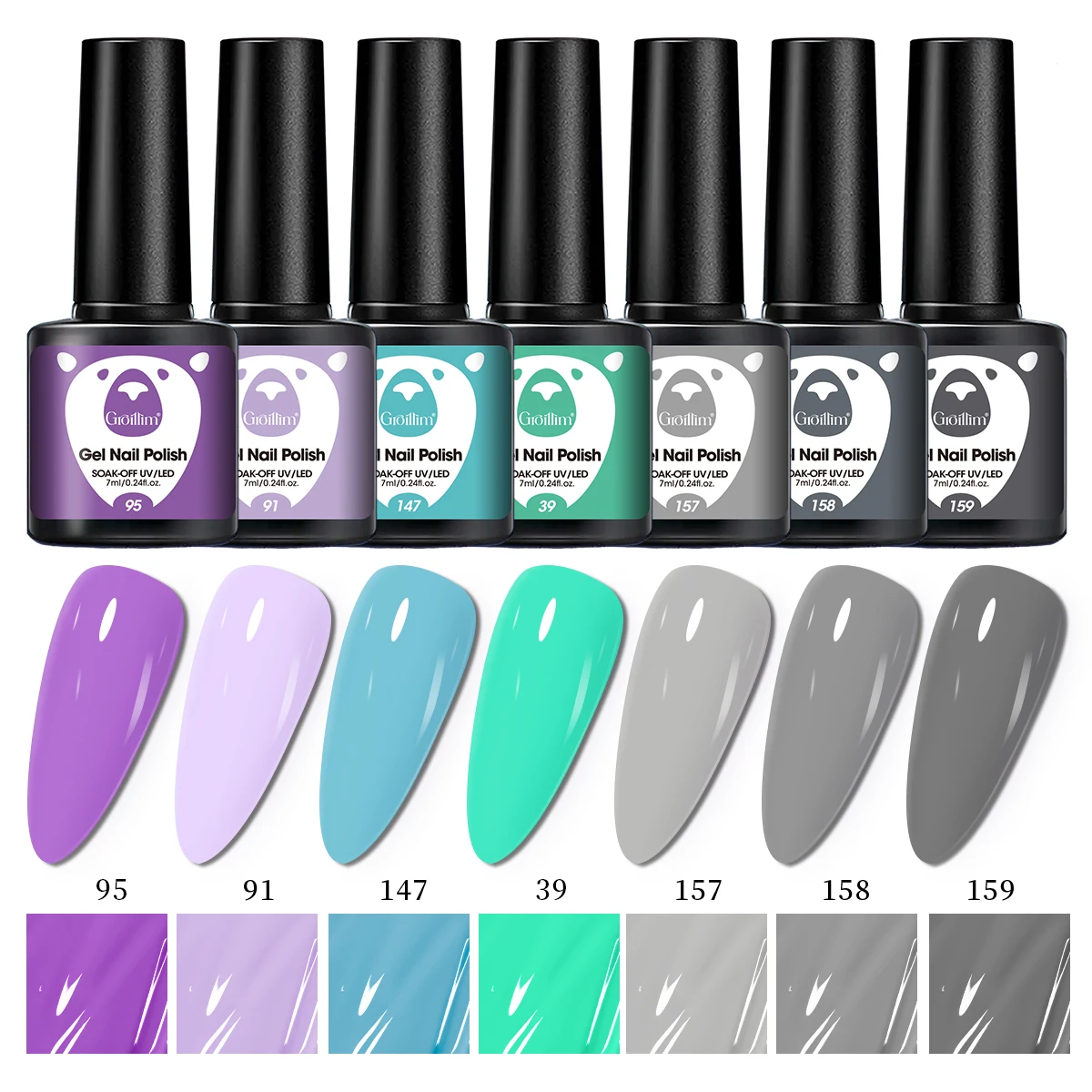 ชุดยาทาเล็บเจล 7 ชิ้น Groillim, สำหรับตกแต่งงานปาร์ตี้และงานแต่งงานหลากสีสัน, เบสโค้ทเจลแบบลอกออกได้สำหรับงานศิลปะบนเล็บ, ของขวัญสำหรับผู้หญิง