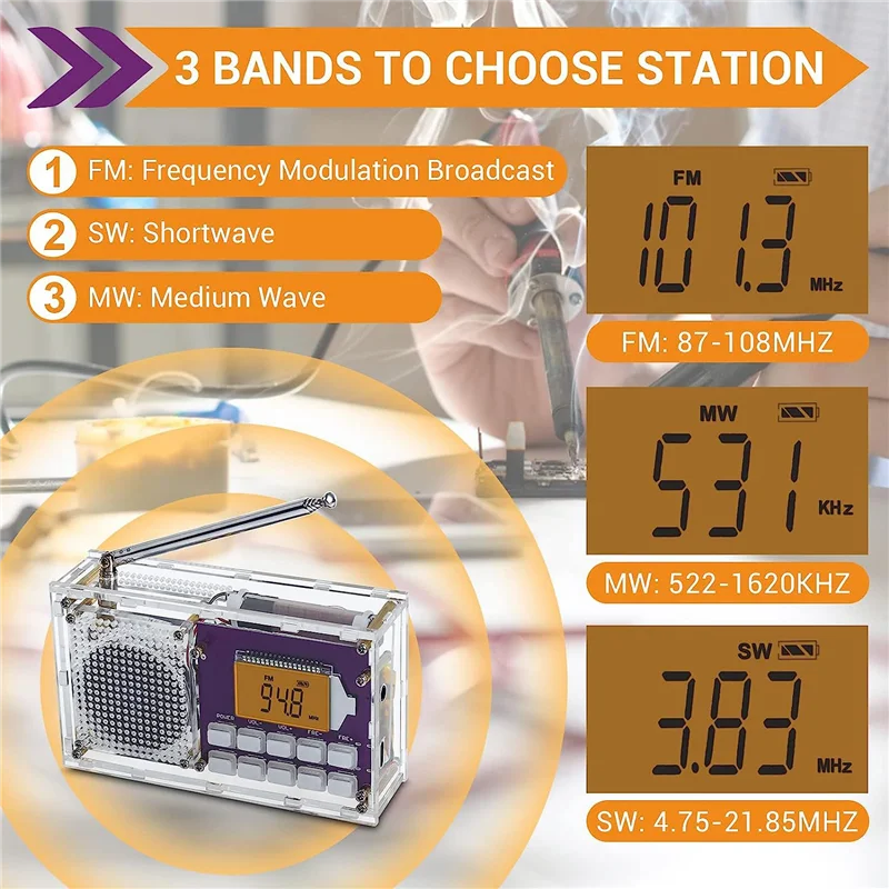 Kit de radio numérique avec horloge, FM 87-108 Z successives, écran LCD, kit d'assemblage pour étudiant, apprentissage STEM, fuchsia, bricolage