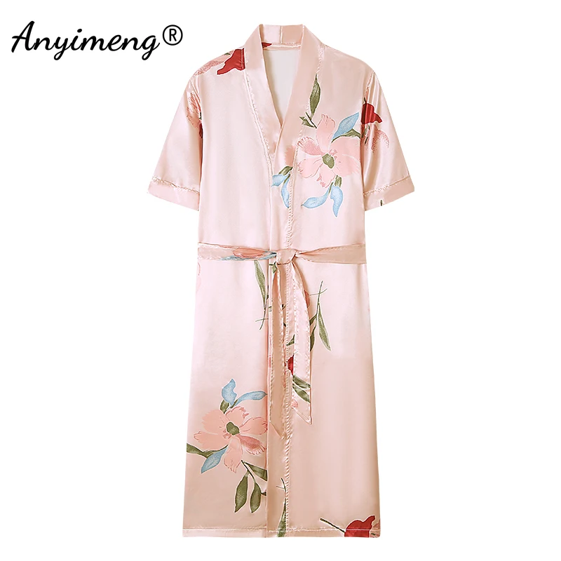 Floral Faux Silk Pijama Summer Nightwear Elegant Womem Silk Robes M-4XL Big Size Satin Robe Causal Short Sleeves Kimono Bathrobe