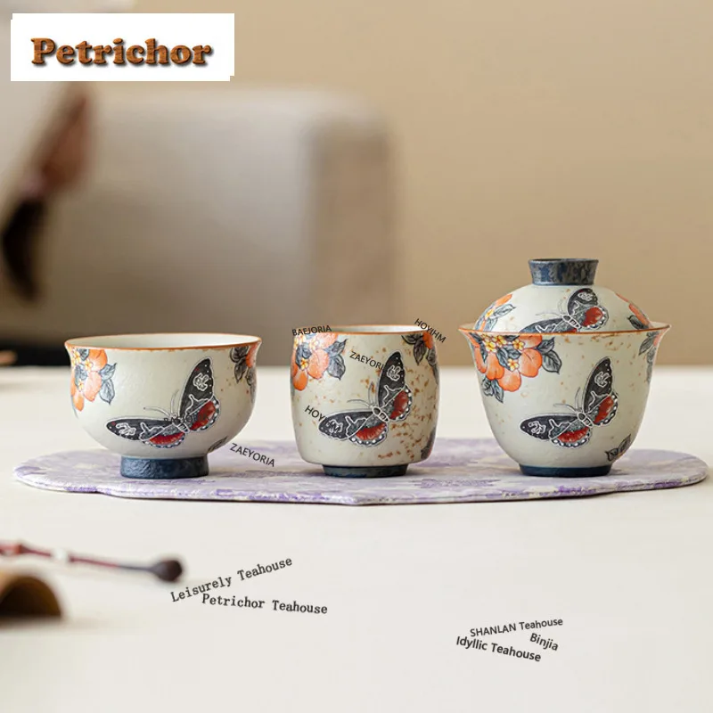 HOYIHM Decal Peach Butterfly Travel Tea Set Kit Zen 1 Bowl 2 Cups Tea Making Organizer Portable Camping Handbag Chinese Tea Set