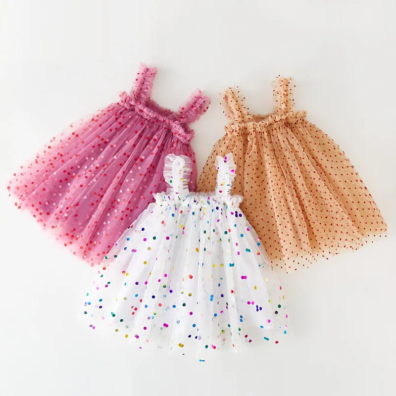 Hot New Dresses For Girls Clothes Summer Halter Polka Dot Sequins Mesh Little Girls Dress Cute Princess Ball Gown Puffy Skirt