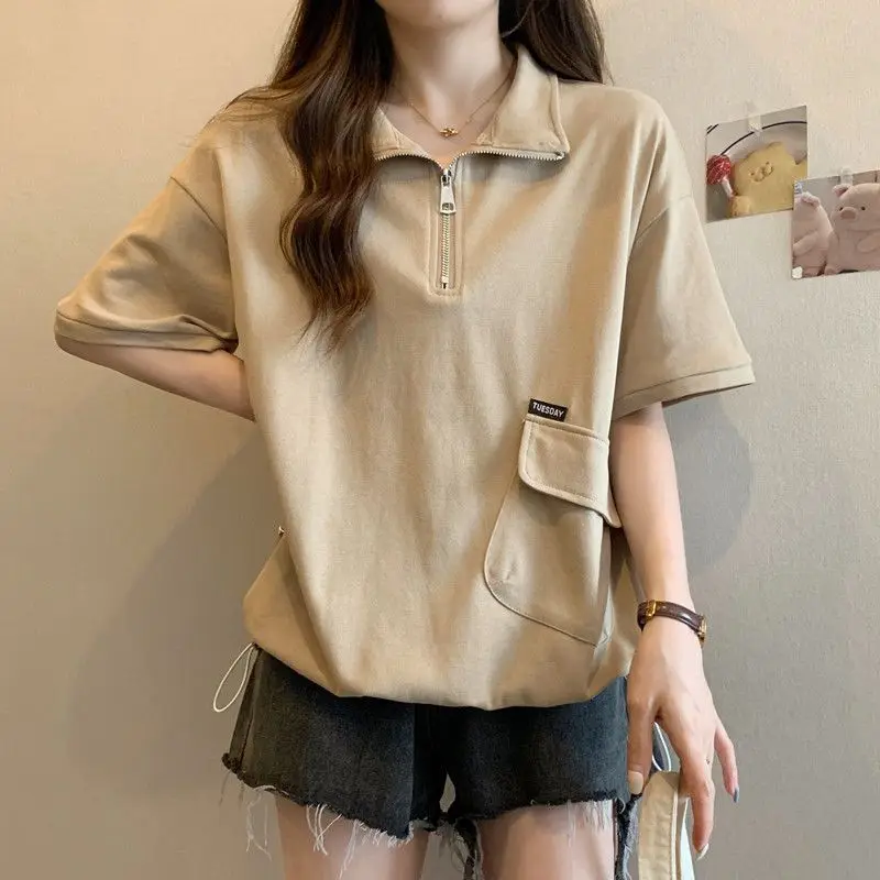 

Large size women's clothing spring and summer new solid color casual and thin versatile lapel zipper short-sleeved t-shirt
