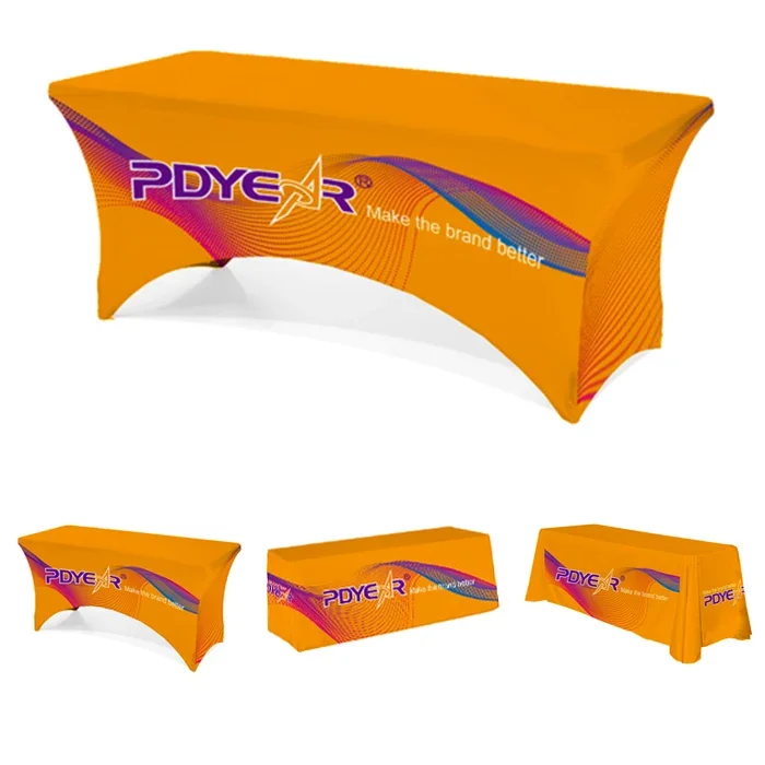 

Custom Trade Show Sublimation Printed Logo Polyester Waterproof Fit Elastic Spandex Cover Tablecloth