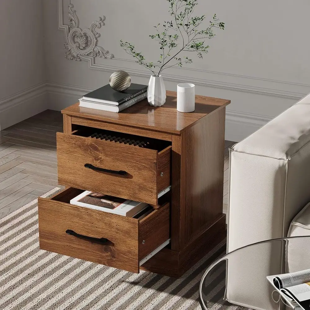 Farmhouse Nightstand Set of 2, Wood Bedside Table with 2 Storage Drawers, Compact Floor Night Stand, Walnut Accent Sofa Side Tab - view 4