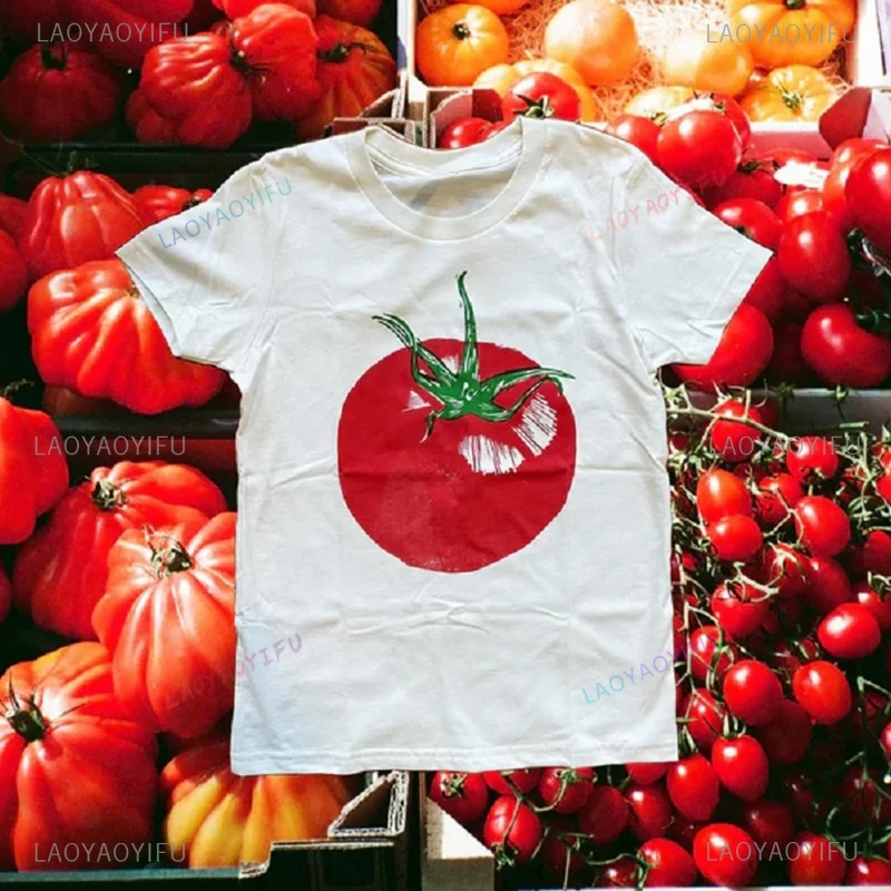 Y2k Cotton Harajuku Aesthetic Tomato Printed Tshirt Girl Summer Vintage Short Sleeve Graphic Punk Kawaii Woman Tee Streetwear