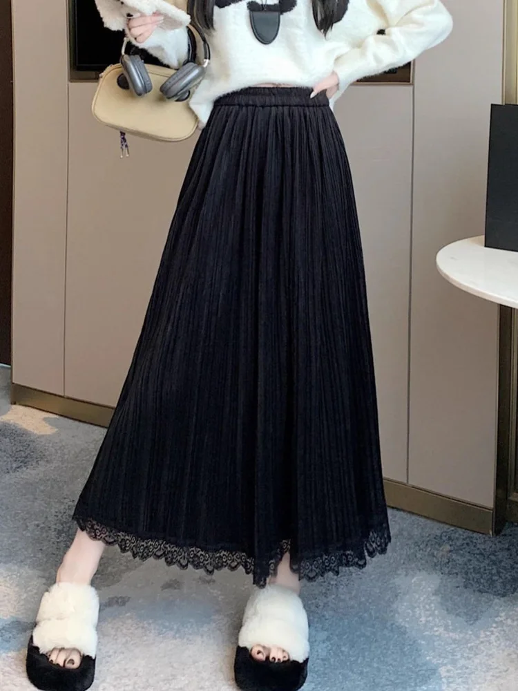 女性の秋冬レースパッチワークベルベットミディスカート女性のエレガントカジュアルハイウエストソリッドカラーAラインファルダス