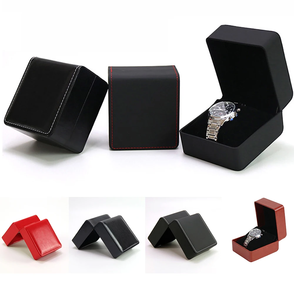 Black Single Watch Gift Box with Pillow PU Leather Wristwatch Display Case Organizer for Men Clamshell PU leather watch case