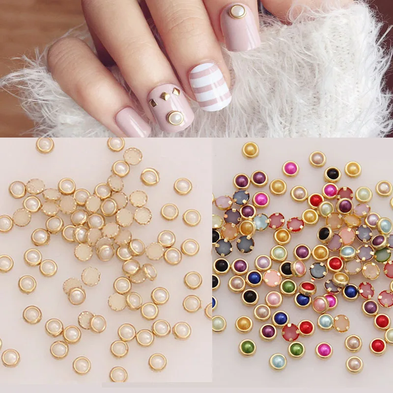 4mm Colorful Half Round Pearls Metal Rhinestone DIY Nail Art Decoration Nails Beads Beauty Glitter 50PCS