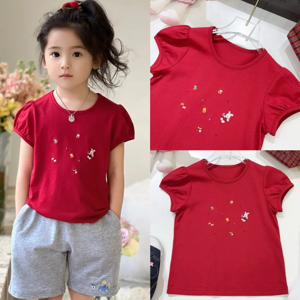 [90-140CM] baby clothes kids girl clothes baby tshirt Cartoon bunny pattern embroidered short sleeved T-shirt Cotton summer top