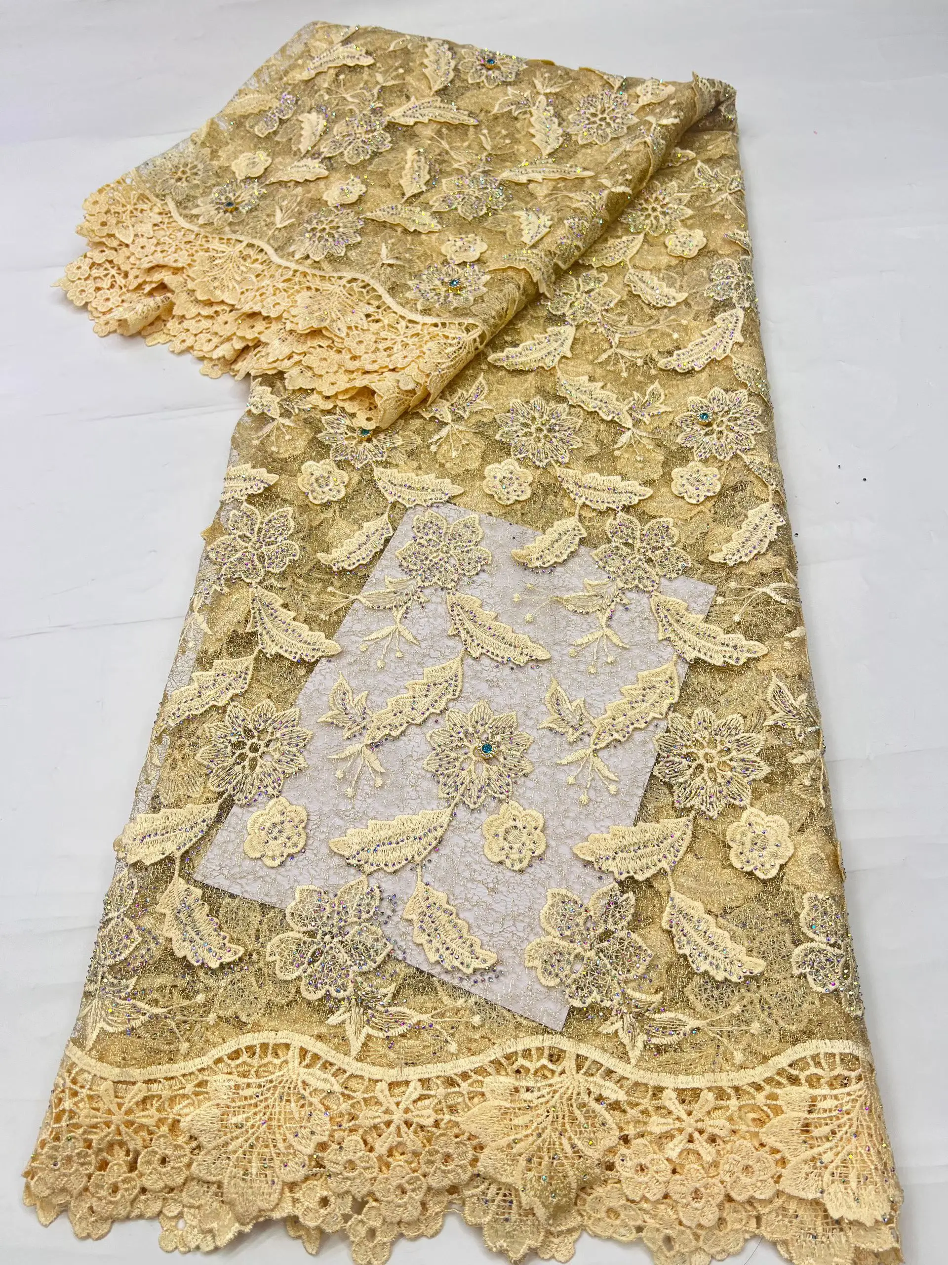 New Arrival 3D Gold African Lace Fabric With Stones 2026 High Quality Cord Water Soluble Lace Fabric For Nigerian Party KHD26174