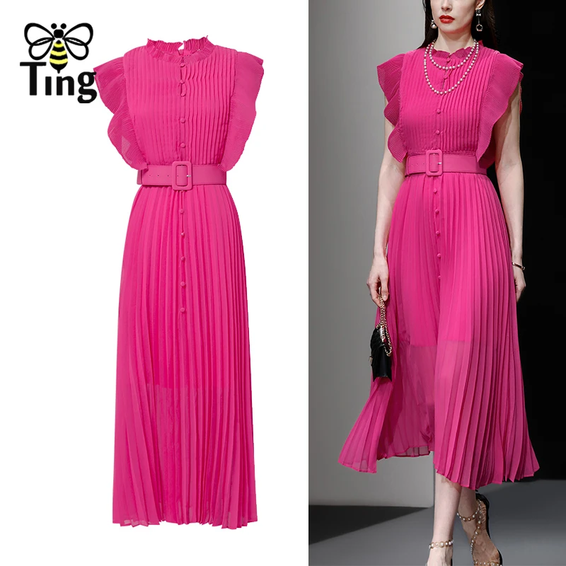 Tingfly Summer Runway Designer Ruched Pleated Brighten Fuchsia Color Midi Long Dress Lady Vintage Elegant Office Dresses Elbise