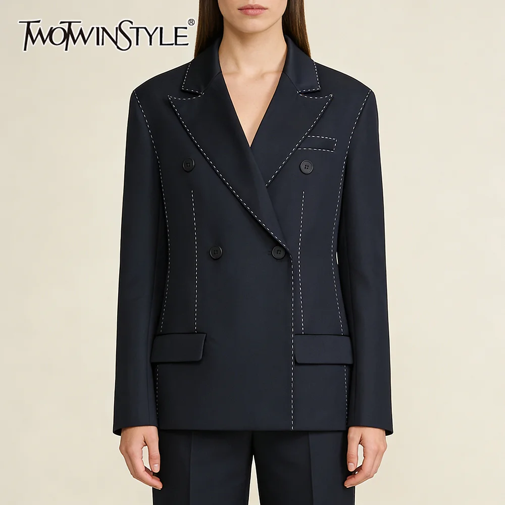 TWOTWINSTYLE Navy Business Meetings Women's White Topstitch Trim Blazers Double Breasted Design Lapel Blazer for Office Commute