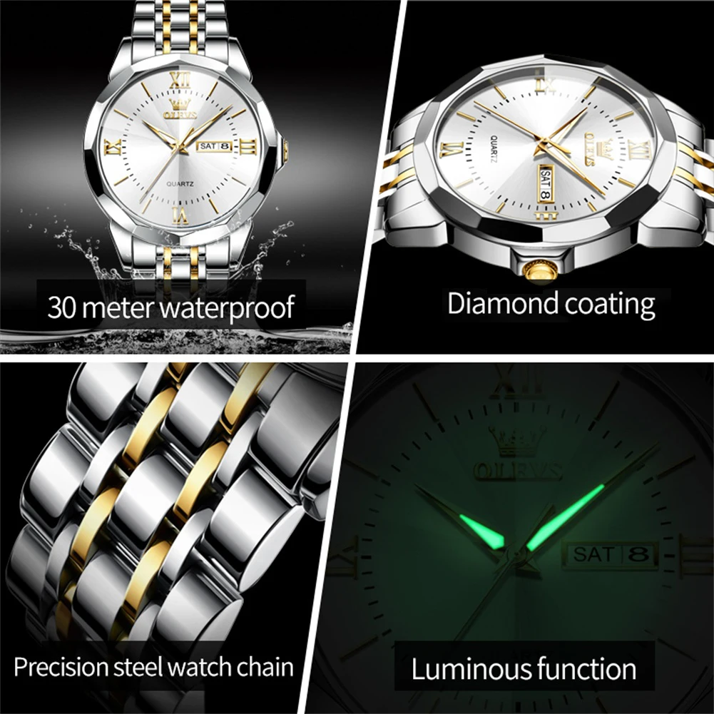 OLEVS 9989 Men\'s Watch Classic Prism Mirror Mirror Waterproof Dual Calendar Fashion Business Watch Luxury Brand Quartz Men Watch