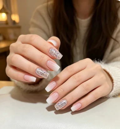 Medium Square Nude Pink White Ombre French Press On Nails Bridal Fake Nail Tips With Silver Iridescent Glitter Sequin Elegant Wedding Daily Manicure For Women