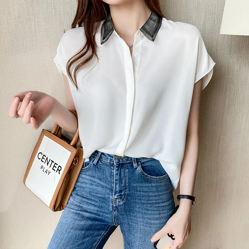 Satynowa bluzka damska z krótkim rękawem Top Office Lady V Neck Solid Color Office Blouses Fashion Summer Chiffon Shirt Blusas De Mujer